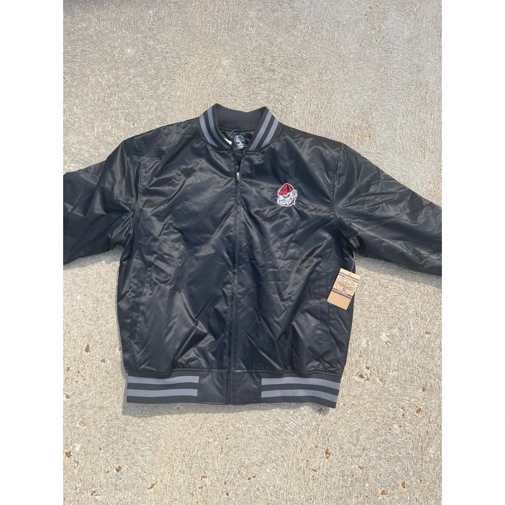 University Of Georgia Bulldogs Satin Bomber Jacket Mens M Black Full Zip
